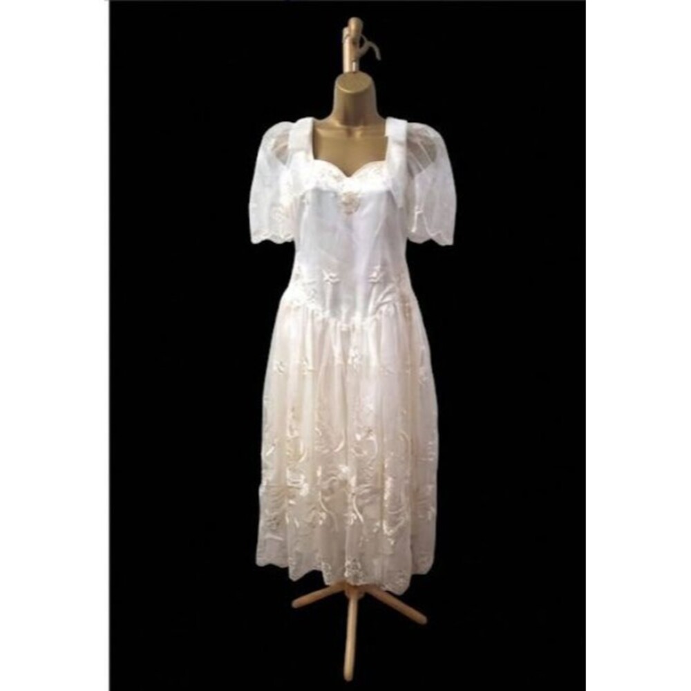 Cream Formal Midi Tea Dress Med Chiffon Bows Sheer Layer Fit Flare Cottage Fairy